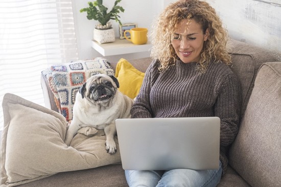 Donna sul divano con computer e cane